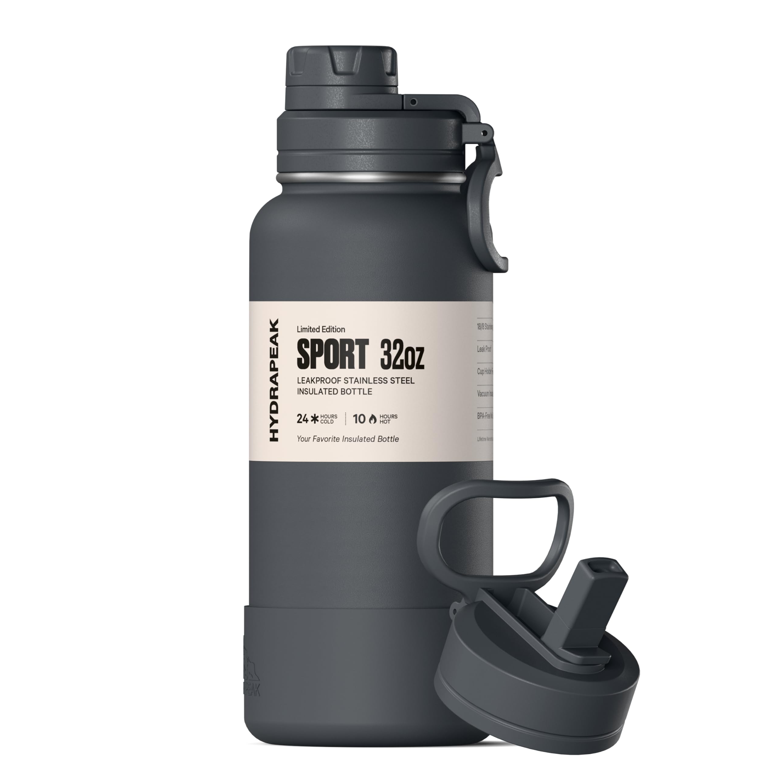 Hydrapeak Isolierte Sport-Trinkflasche mit Strohhalm und Trinkdeckel, auslaufsicher, hält Getränke 24 Stunden kalt, 12 Stunden heiß, Premium-Edelstahl-Wasserflaschen (907 ml, grau)