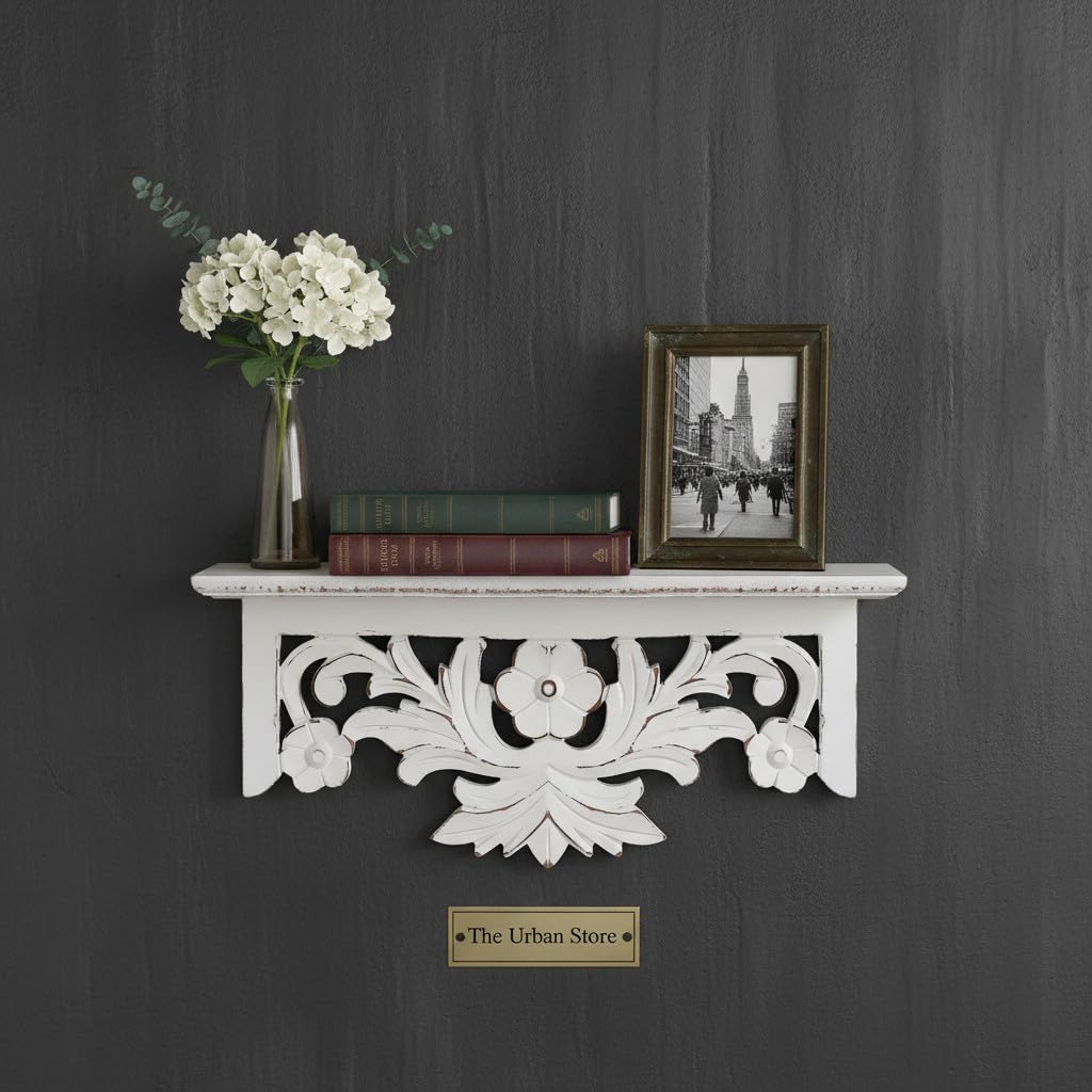 THE URBAN STORE Shelf Wooden Wall Mounted Distressed White Color 45 x 15 X 20 CM Pack of One French Country Style Elegantly Floral Hand Crafted for Home and Office Decor TUSSLF14-image-40