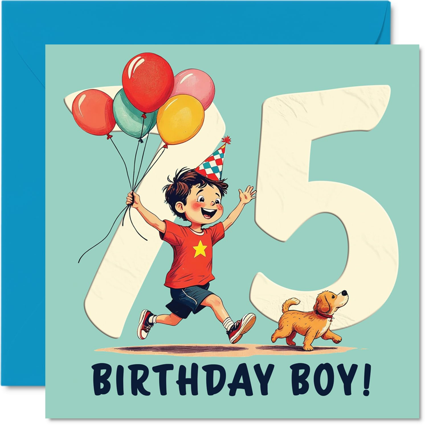 75th Birthday Cards for Men - Balloon Boy - Happy Birthday Card for 75 Year Old Man Cousin Grandad Brother Grandpa, 145mm Bday Greeting Cards