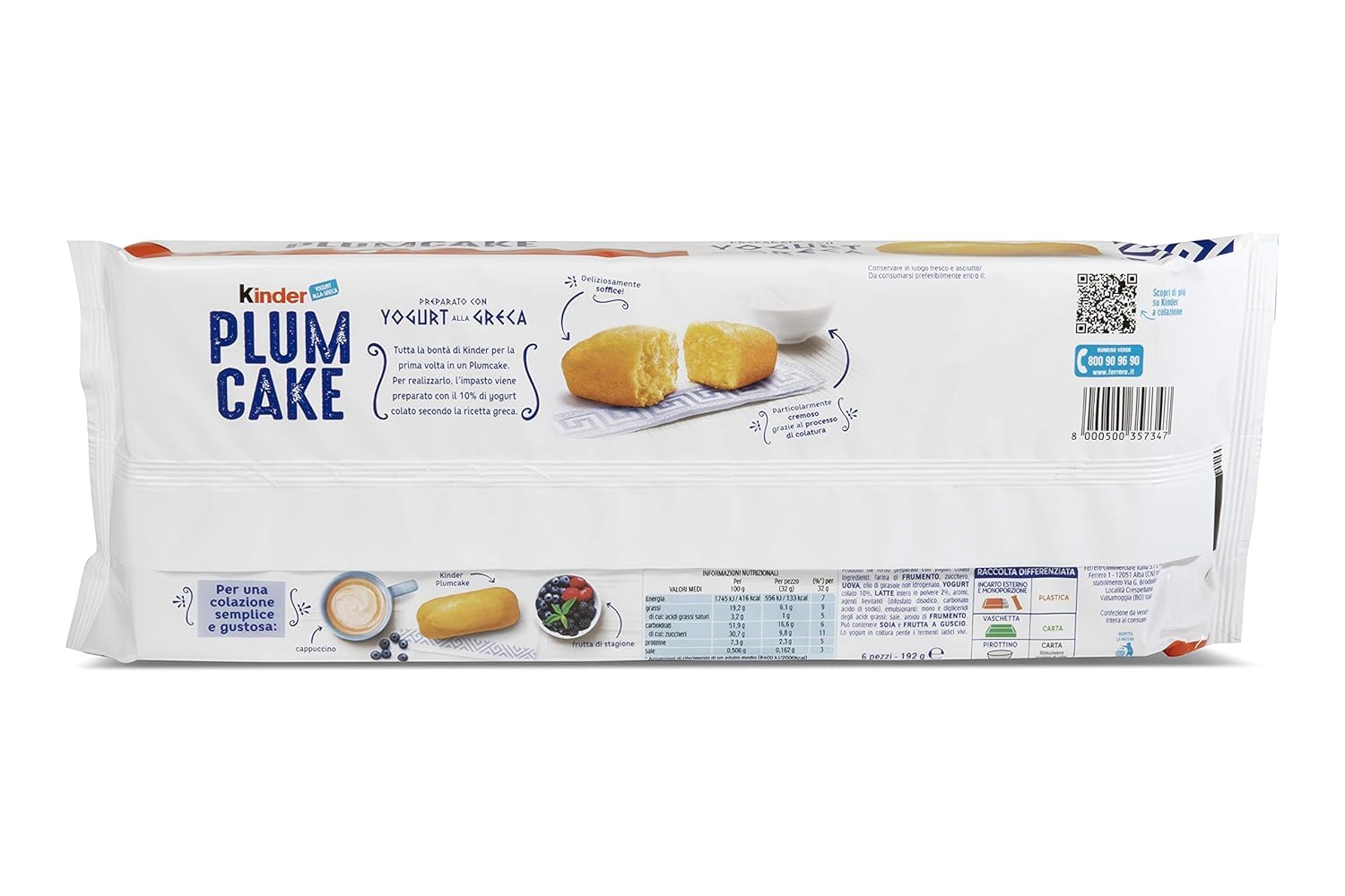 Italian Gourmet Kinder Plum Cake moelleux préparé avec yaourt à la grecque – Gâteaux individuels pour petit-déjeuner & goûter – Pack 6 x 192 g + Italian Gourmet Polpa