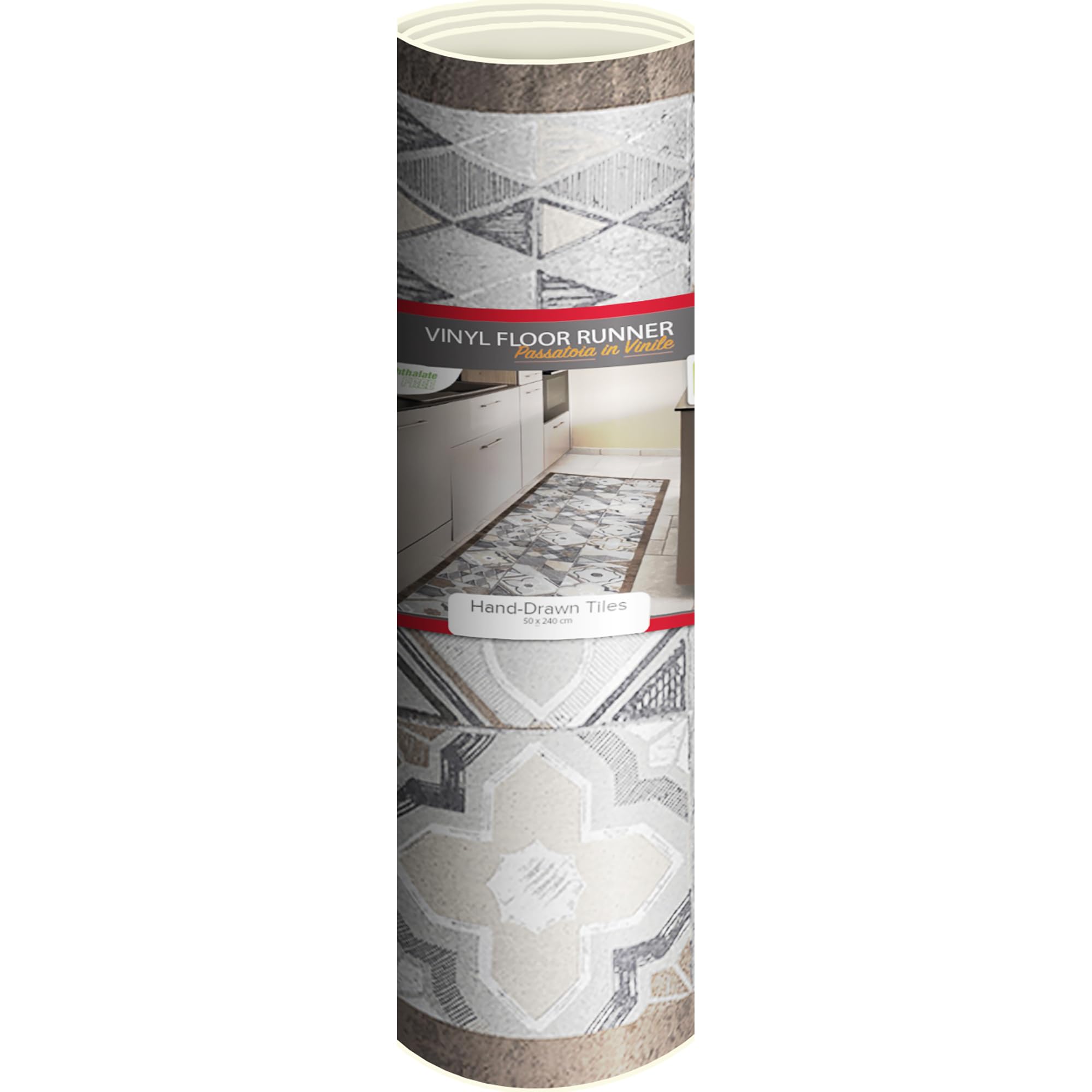 CREARREDA Tapis de Cuisine 240 x 50 cm Hand-Drawn Tiles Vinyle antidérapant et Lavable Tapis de Cuisine en Vinyle, Lavable 100% fabriqué en Italie