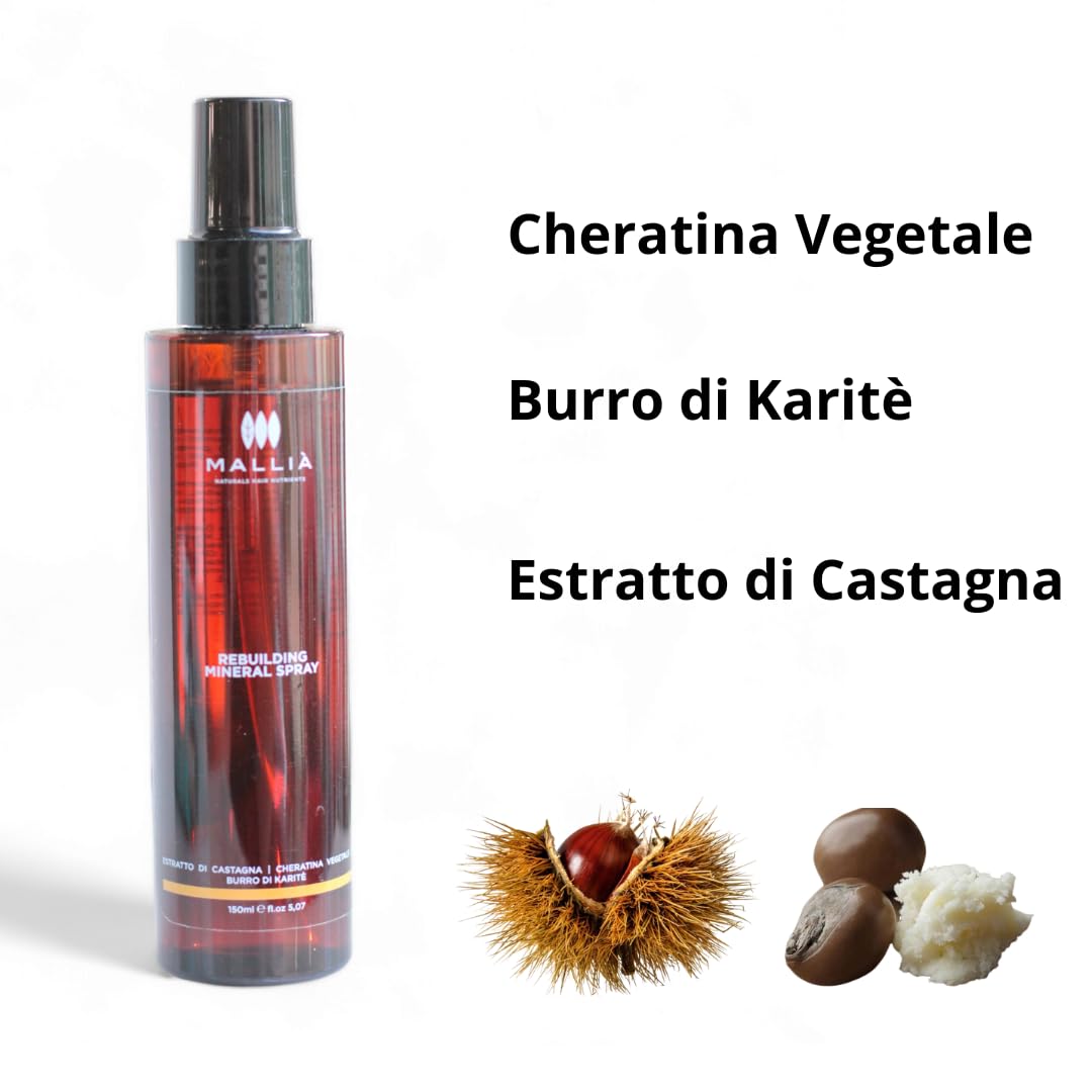 Mallià Rebuilding Mineral Reparatur-Spray Ultra Mineralisierung für geschädigtes Haar – mit pflanzlichem Keratin, feuchtigkeitsspendende und stärkende Sheabutter, 150 ml