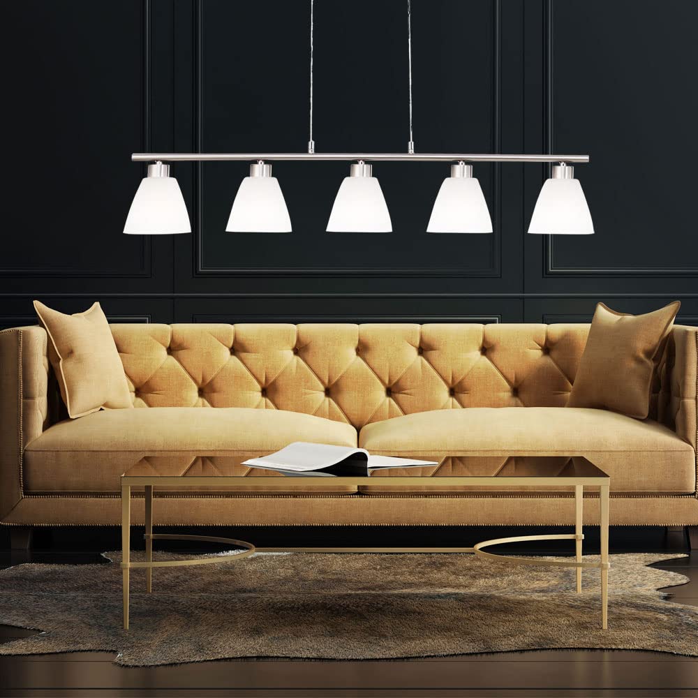 Esstischlampe Hängelampe Esstisch Hängeleuchte silber höhenverstellbar, 5 flammig, Metall nickel Glas weiß, 5x E14 Fassungen, HxLxB 120x93x13cm