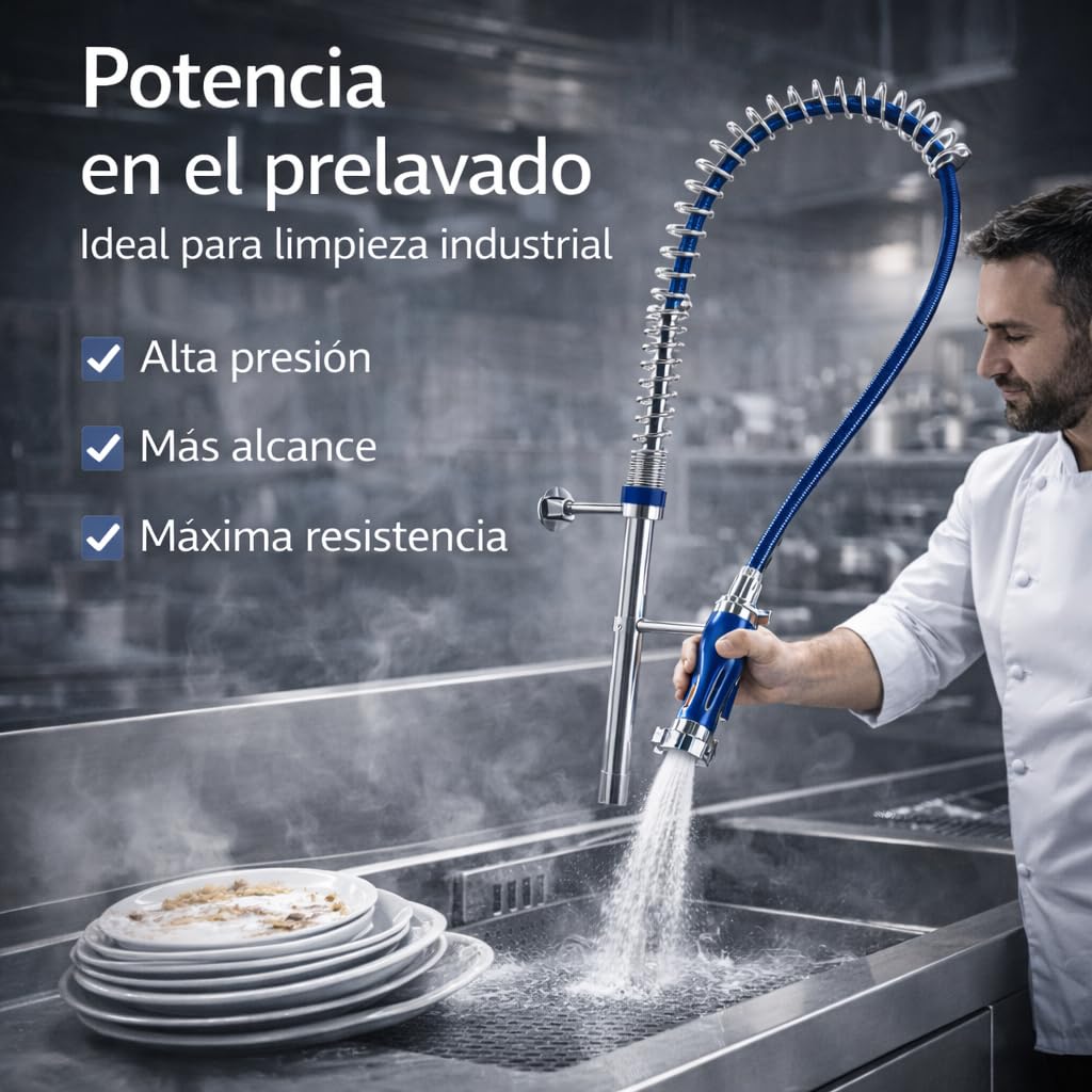 Genebre - Grifo Columna Prelavado Profesional 1705 04 | Grifo Industrial Monomando con Ducha Extraíble | Cocina Profesional y Hostelería | Columna Alta con Muelle AISI 304 y Cartucho Cerámico D40
