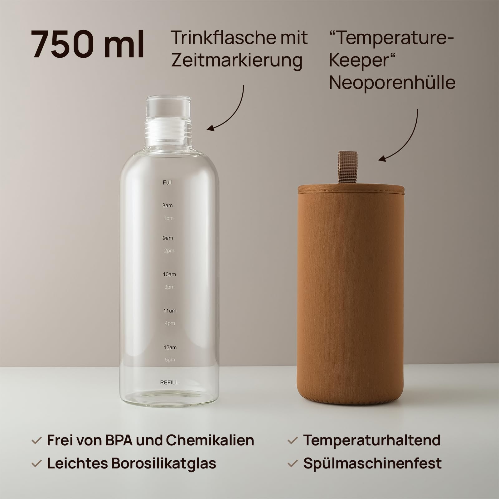 BuRo Trinkflasche Glas 750ml mit Neoporenhülle | Leichte Flasche mit Uhrzeit für Outdoor, Büro, Schule | Auslaufsicher | Spülmaschinenfest