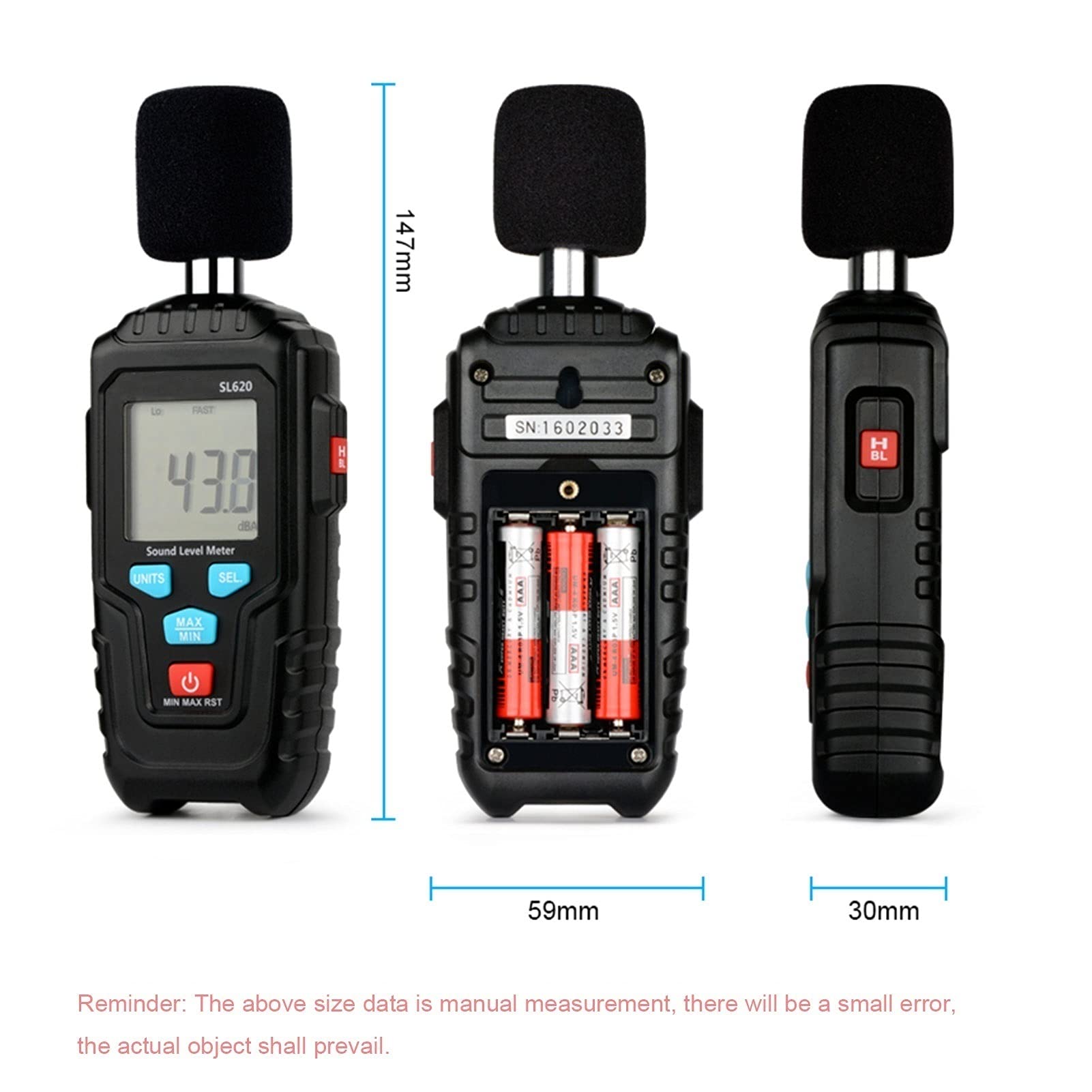 Sonómetro digital portátil, con retención de datos (máx./mín./retención), comprobador ruido LCD, rango 35 a 135 dB decibeles