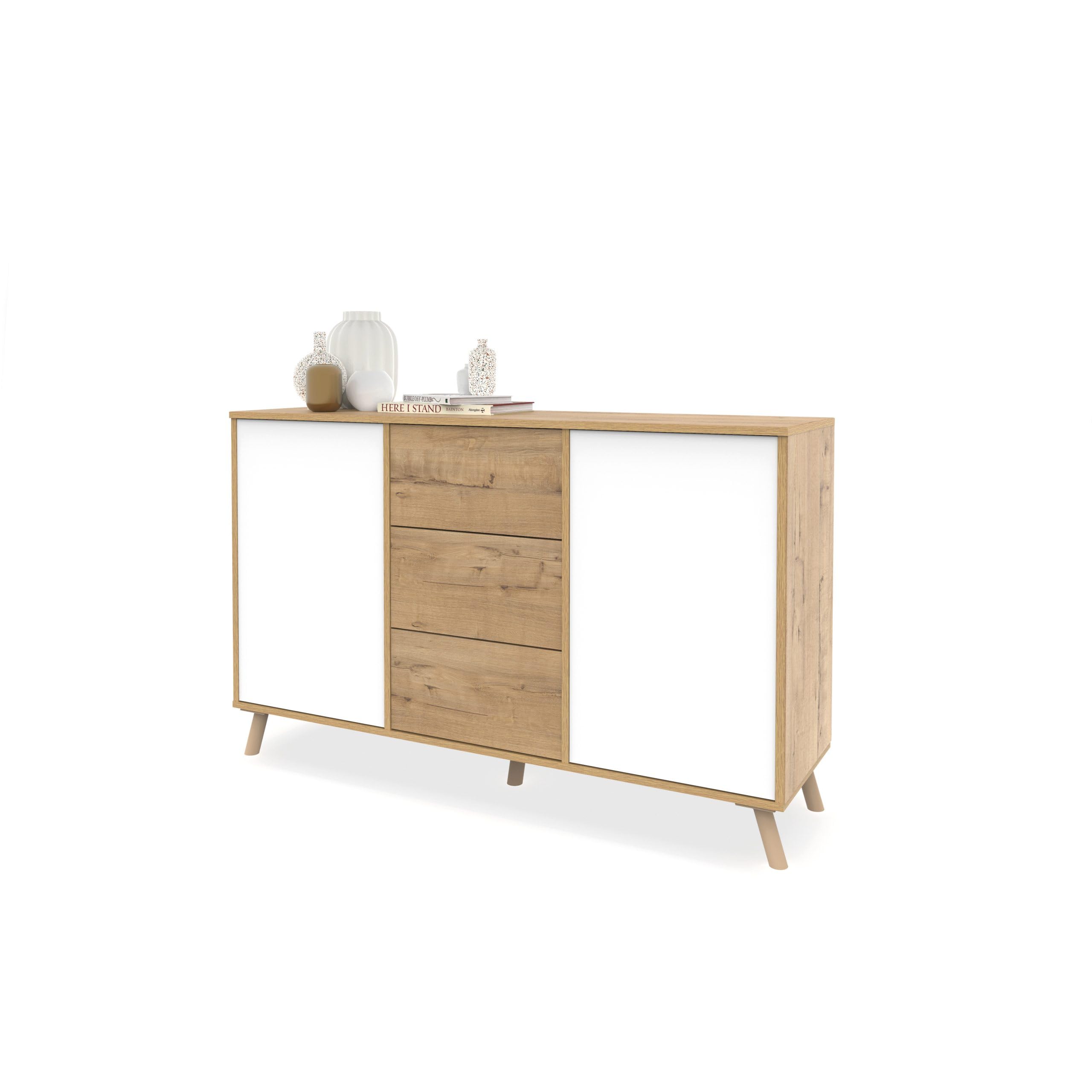 Aparador Salón Comedor, Buffet, Mueble Auxiliar, 2 puertas y 3 Cajones, Roble Gold con puertas blancas, 89x140x40cm, Despensa, Cocina, Despacho, Tirador Push o Pulsador, Moderno, Nórdico, modelo Oslo