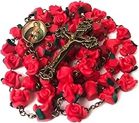 Vista 1 de Rosario de jardín de rosas rojas de Nuestra Señora de Guadalupe Rosario católico para mujer Regalo católico Crucifijo de bronce antiguo