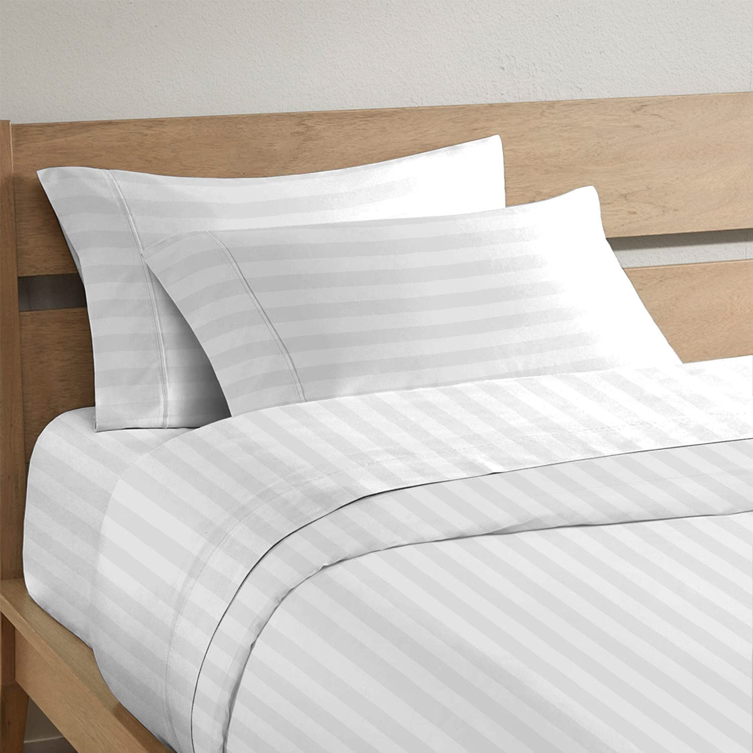 Pizuna100% Cotton Pillow Cases King Size Set of 2 Stripe Luxury White, 300 Thread Count Long Staple Cotton Sateen with Stylish 4" Hem (Combed Stripe Luxury White Cotton Pillow Cases King)OEKO-TEX STANDARD 100