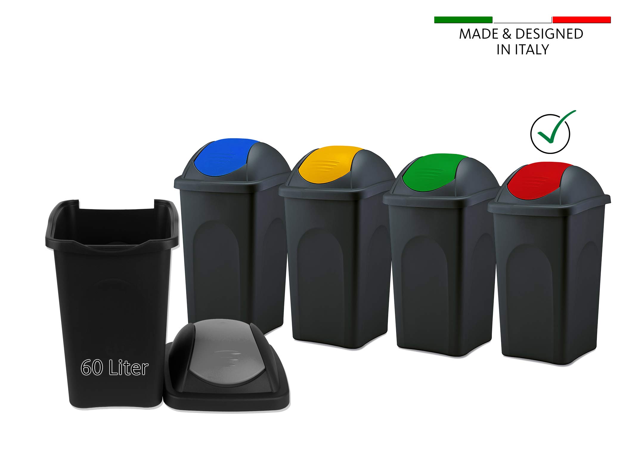 BigDean Mülleimer 60L schwarz Schwingdeckel rot Kunststoff Made in Italy