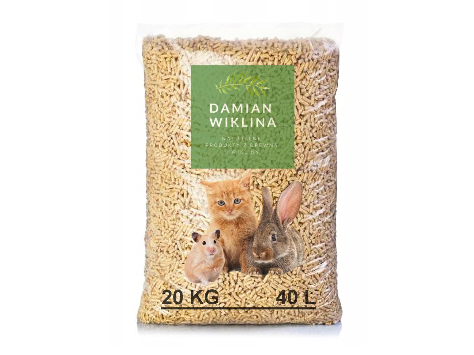 DAMIAN WIKLINA NATURALNE PRODUKTY Z DREWNA I WIKLINY Pellets de madera para gatos, 20 kg, 40 l, para un control eficaz de olores y humedad, 100% vegetal para gatos y otras razas de animales pequeños