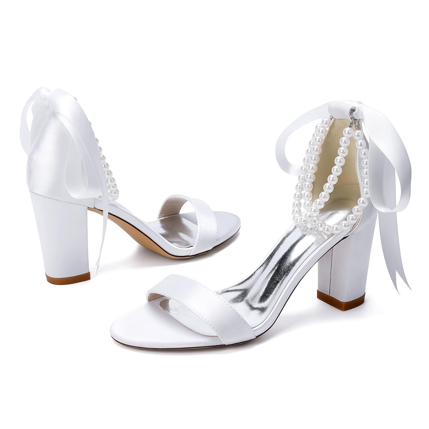 Weiße Satin-Hochzeitssandaletten mit Blockabsatz für Frauen