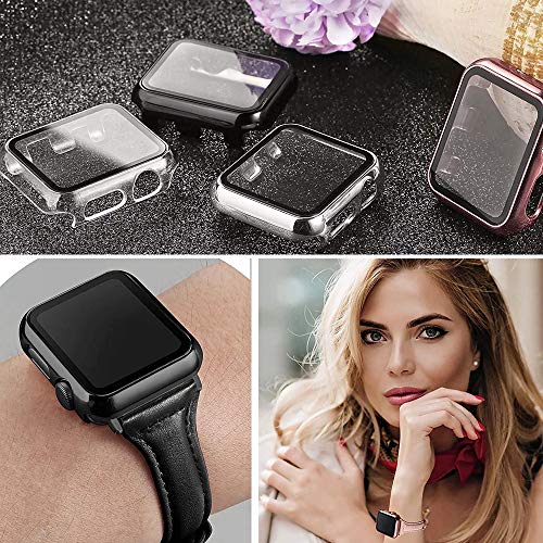 Image of HANKN 2 Pack Plated Tempered Glass Screen Protector Case Compatible with Apple Watch Series SE 6 5 4 40mm, Hard PC Full Coverage Cover HD Clear Shockproof Iwatch Bumper (Black+Black, 40mm)