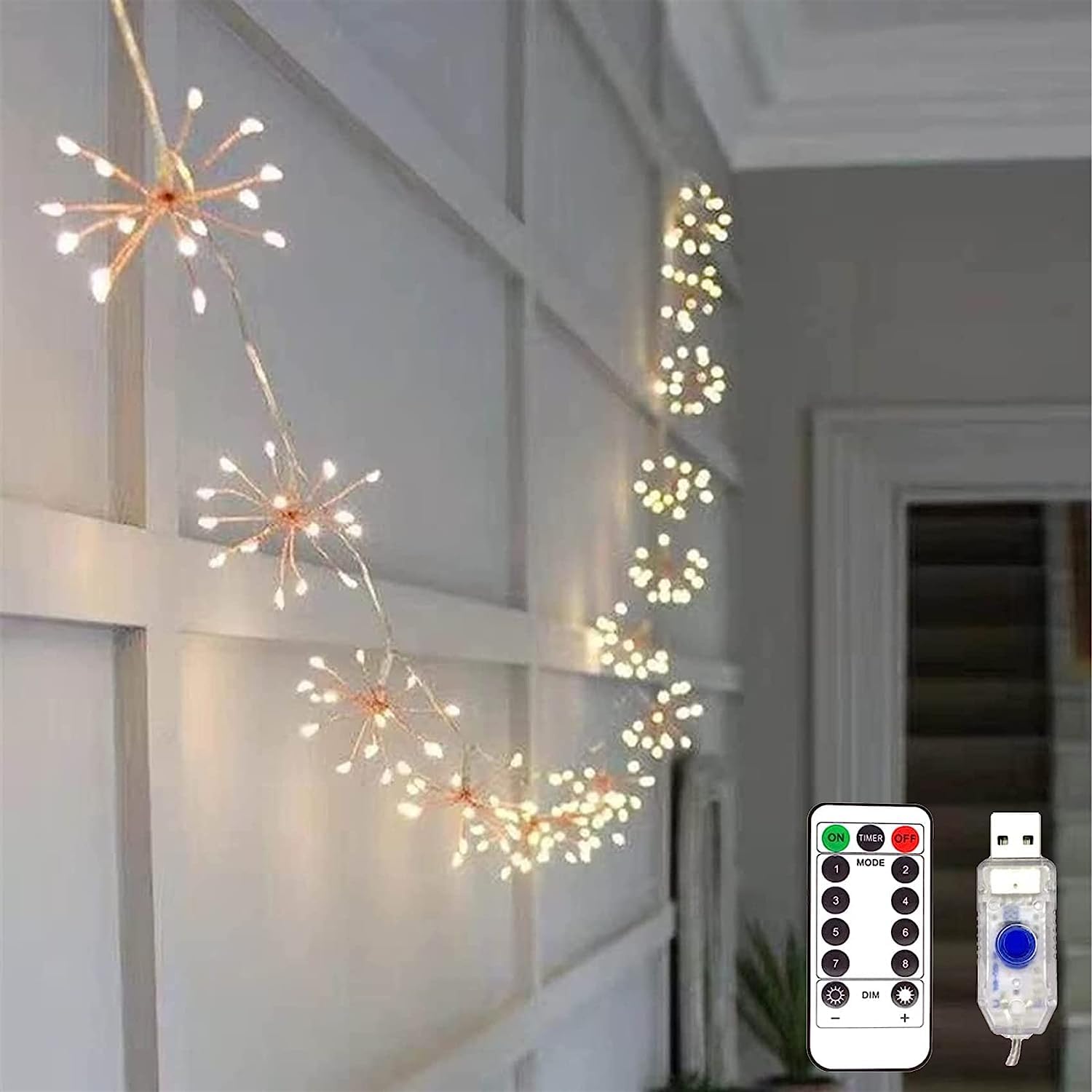 KINGCOO Warm White Firework String Light USB Operated with Remote Control 8Mode Hanging Chain Fairy String Lights for Outdoor Indoor Home Christmas Wedding Party Decoration (10IN1 100LED)