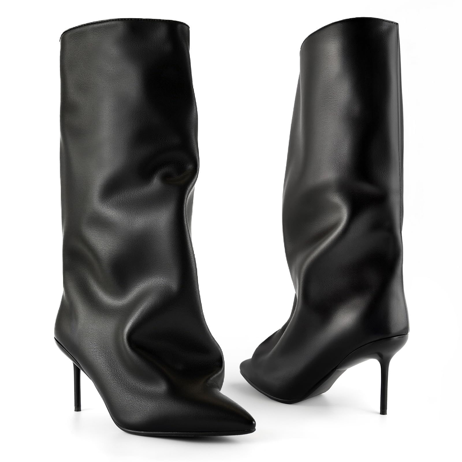 Slouchy Knee High Boots Women Black Boots with Pointed Toe Stiletto Heel Pull on Closure Shark Boot High