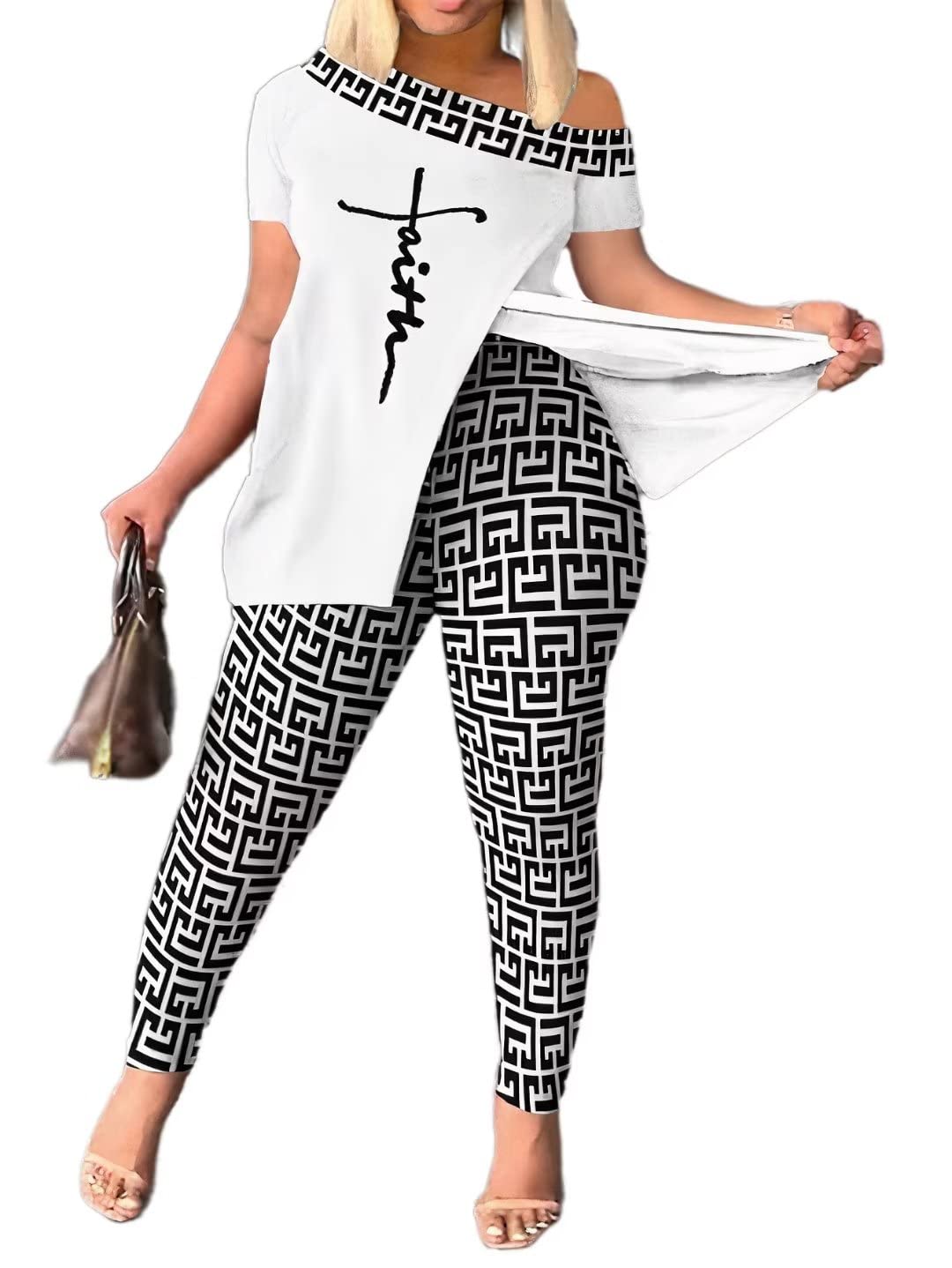 Flamingals Two Pieces Set for Women Letter & Graphic Print Split Top & Pants Set 2023 Trendy