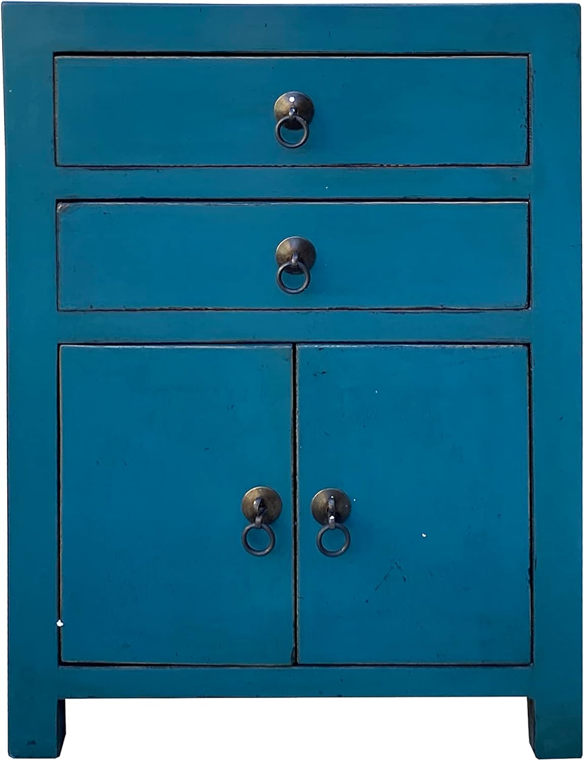 Chinese Distressed Bold Bolection Blue 2 Drawers End Table Nightstand Acs7424
