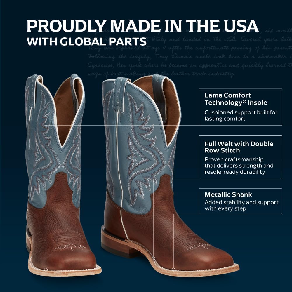 Tony Lama Men’s Avett 11" Leather Western Boots, Square Toe, Comfort Insole, Durable Double Stitch