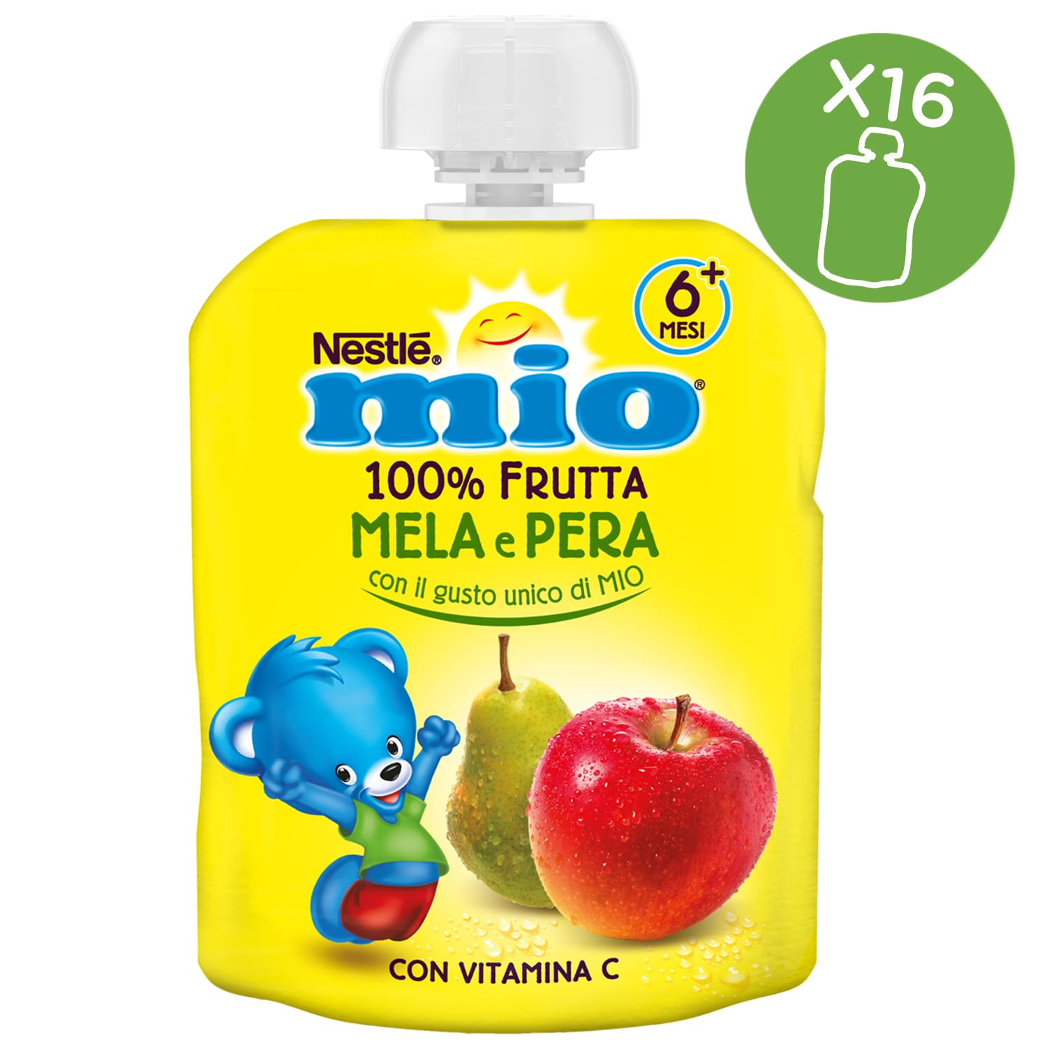 NESTLÉ MIO Merenda 100% Frutta Pera e Mela da spremere, 16 Pouch da 90ml (1,44L)