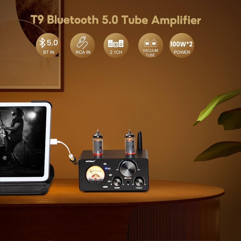 AIYIMA T9 TPA3250 200W 2.1 Channel Tube Bluetooth DAC Amplifier VU