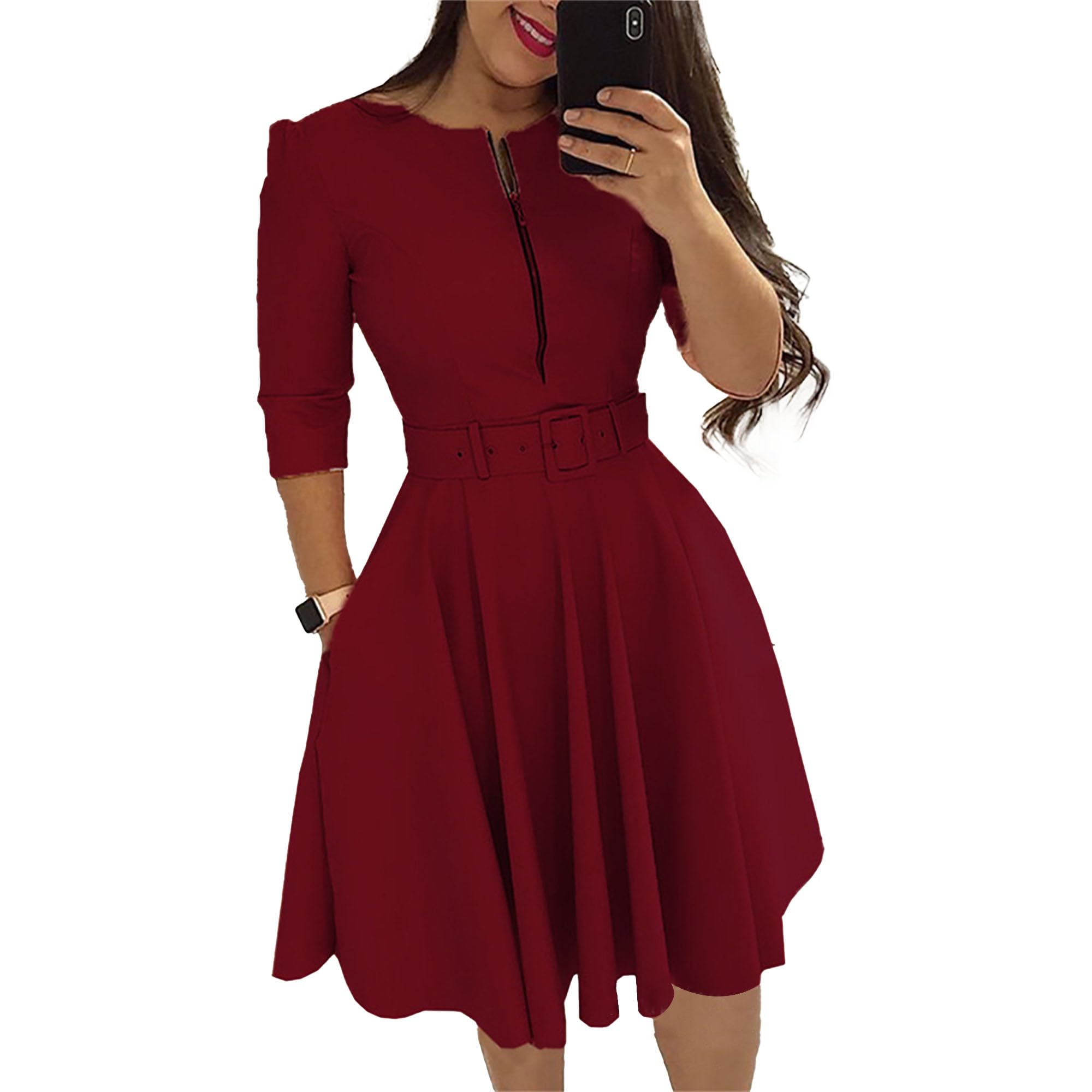 Elegant Dresses for Women Zipper Long Sleeve A-Line Dresses Sexy Business Pencil Peplum Dress Wear to Work