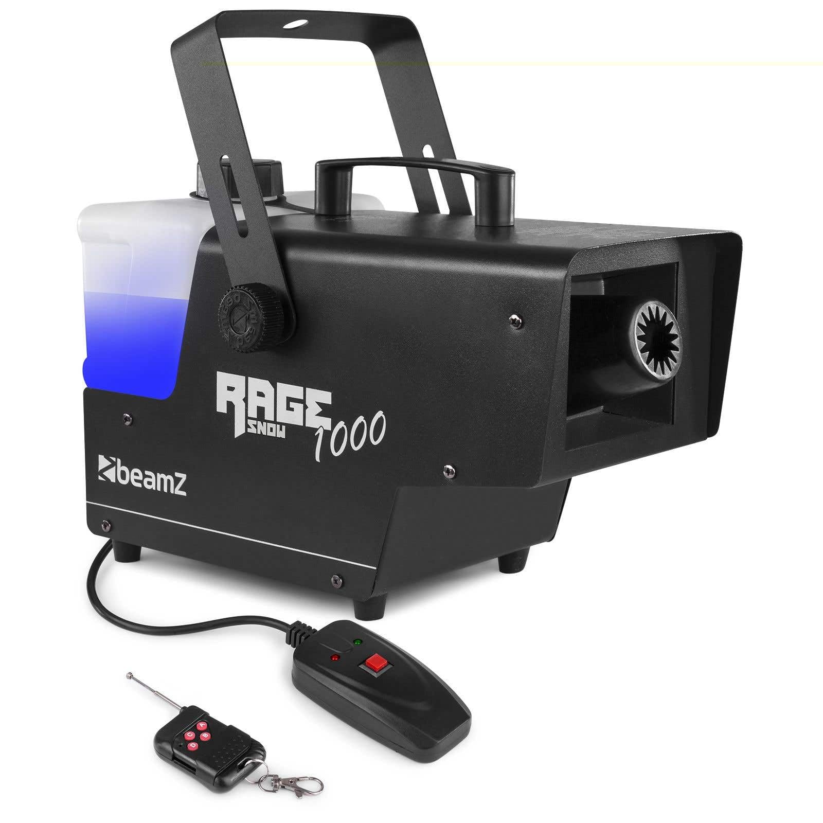 BeamZ RAGE1000SNOW Máquina de Nieve 1000W - Incluye 5L Líquido, Mando Inalámbrico + con Cable, Boquilla Estrella, Tanque Iluminado LED, Efecto Invernal para Eventos, Fiestas o Après-ski