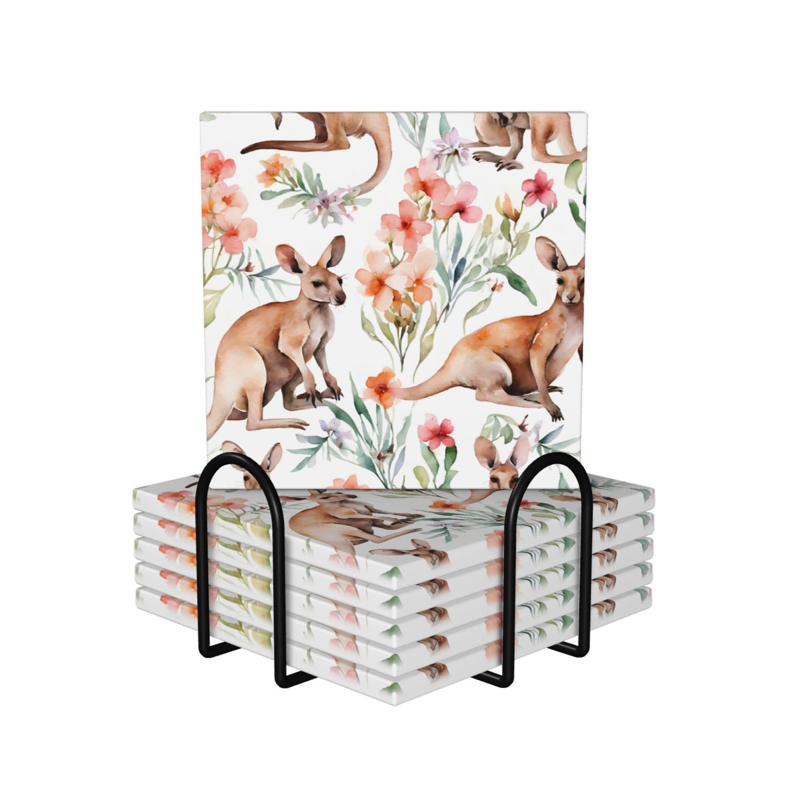 Keramikuntersetzer mit lustigem Cartoon-Känguru-Zoo, quadratisch, saugfähig, mit Halter, für Zuhause, Büro, Bar, Restaurant, 6 Stück