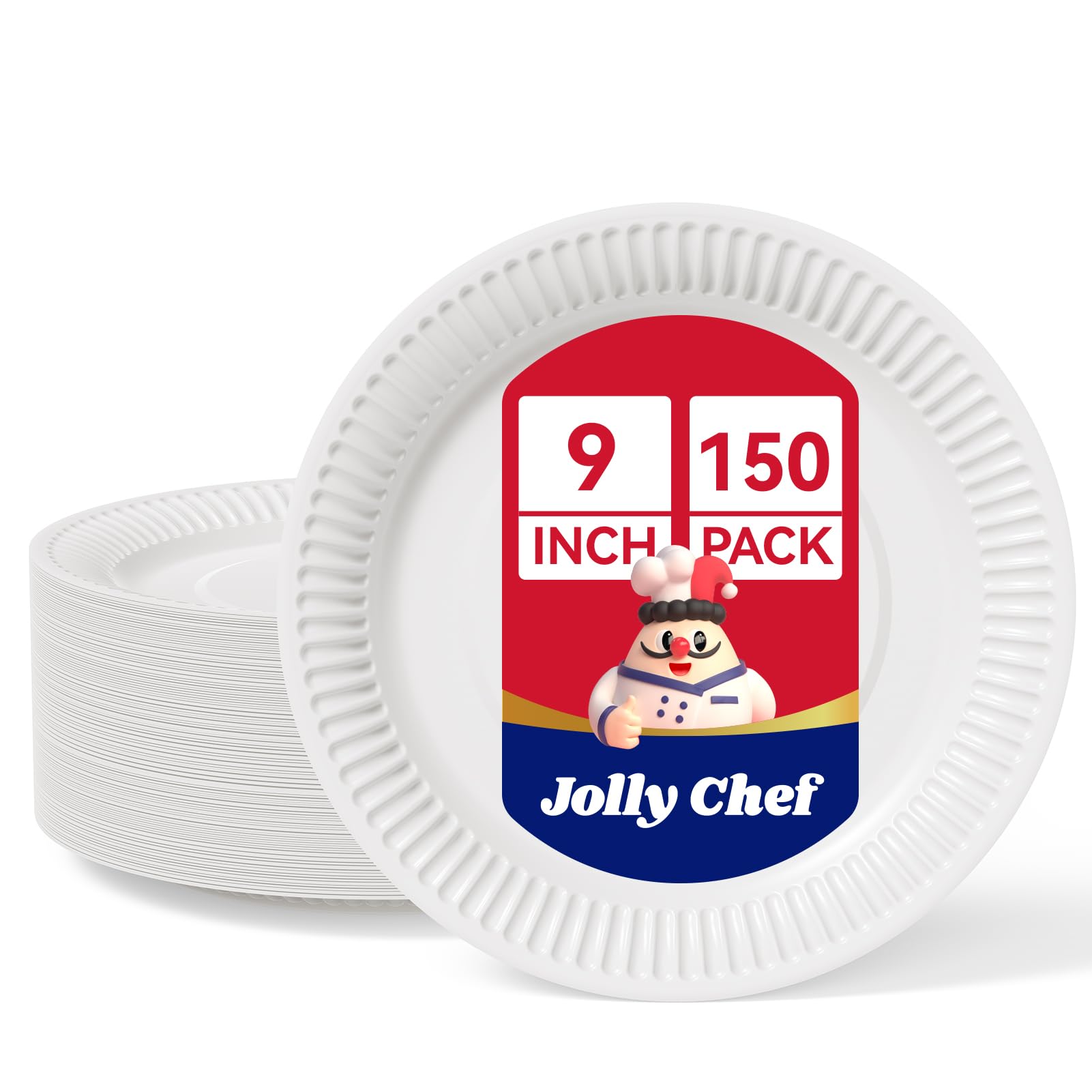 JOLLY CHEF 9 inch 150 Count Disposable Paper Plates Dinner Plates, Microwave Safe, Eco Friendly White Paper Plates for Party