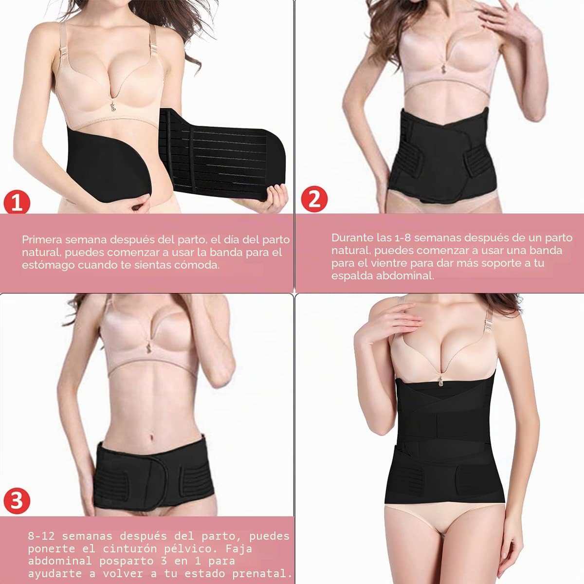 Cinturón abdominal 3 en 1 después del parto, Negro , M-L