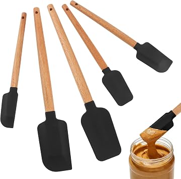 5 Pcs Silicone Spatula Set, Nonstick Rubber Spatulas with Wooden Handle, Soup Spoon Scraper, Jar Scraper for Cooking, Baking, Mixing, FrostingCOLORBlack