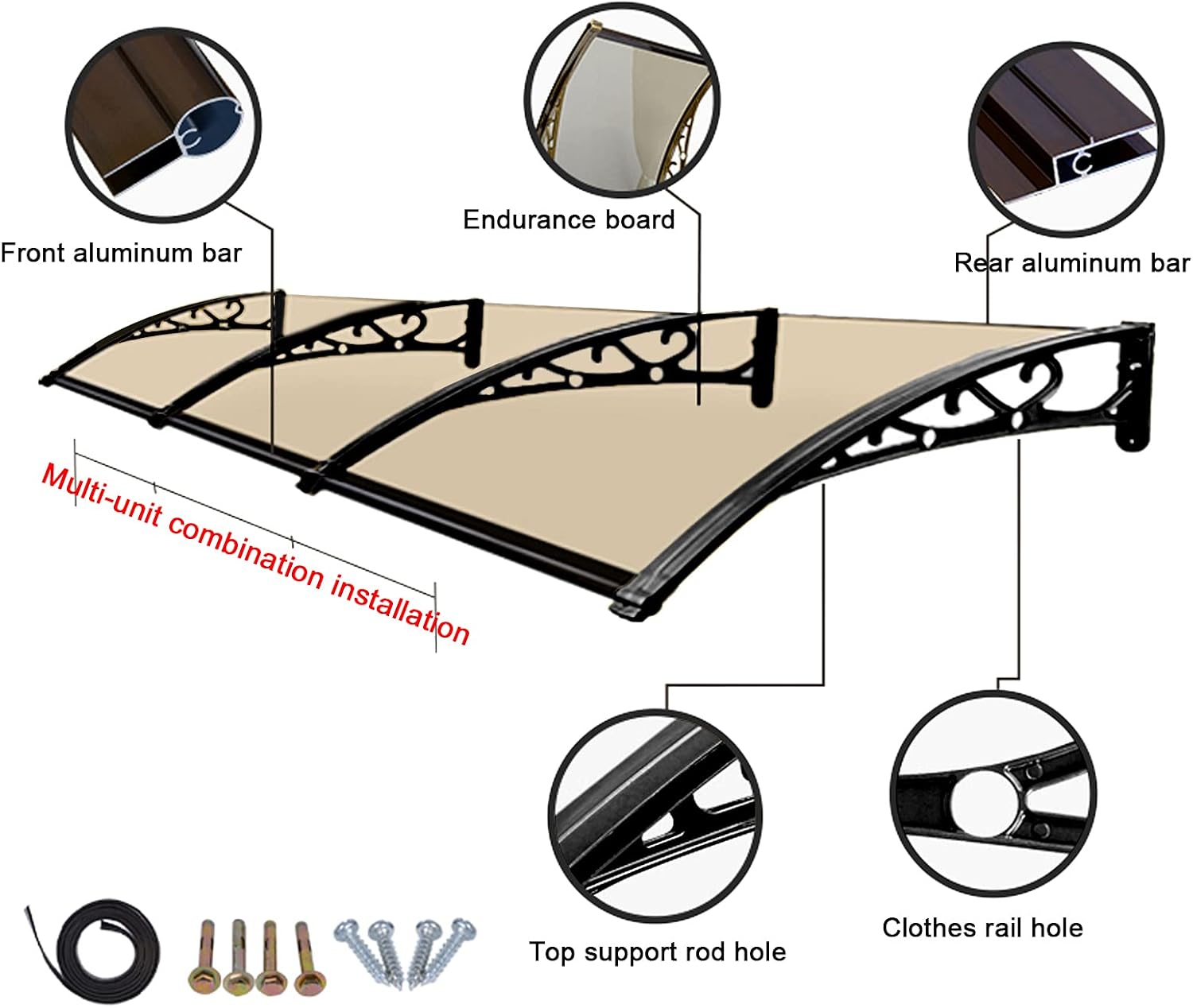 UV Rain Snow Protection Silent Curved Window Door Canopy Awning Aluminum Alloy Brackets,Waterproof/Impact Resistance,Outdoor Polycarbonate Cover Brown Porch Canopy (60x160cm/24 x63)
