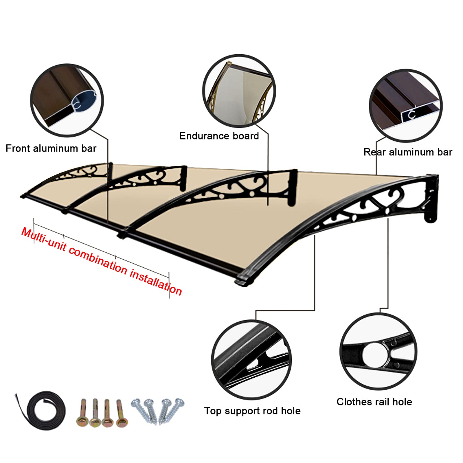 Auvent de Porte de fenêtre incurvé Silencieux avec Protection UV, Supports en Alliage d'aluminium, résistant à l'eau et aux Chocs, Couverture extérieure en Polycarbonate Marron (80 x 270 cm)