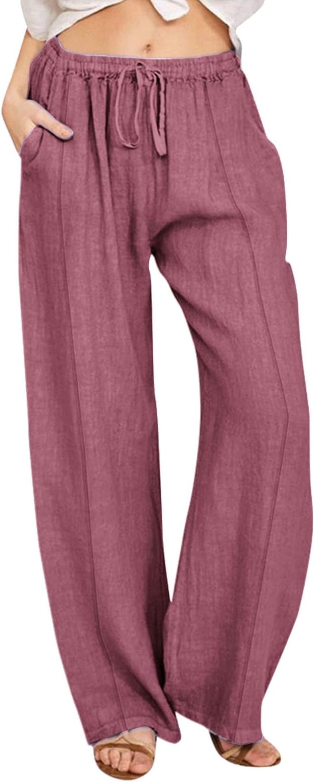Linen Pants Women 2025 Summer Beach Lounge Palazzo Trousers Loose Elastic Plus Size Drawstring with Pockets Pants