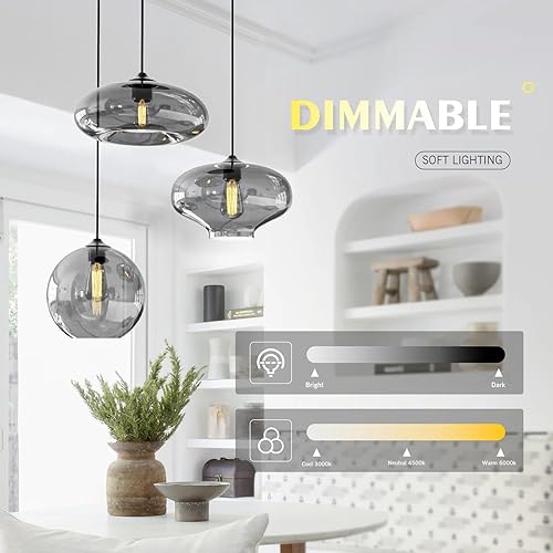 Miniatura 4 de Moderna 3 luces de cristal colgante luz gris ahumado globo de cristal racimo lámpara lámpara de iluminación negro ajustable isla de cocina colgante