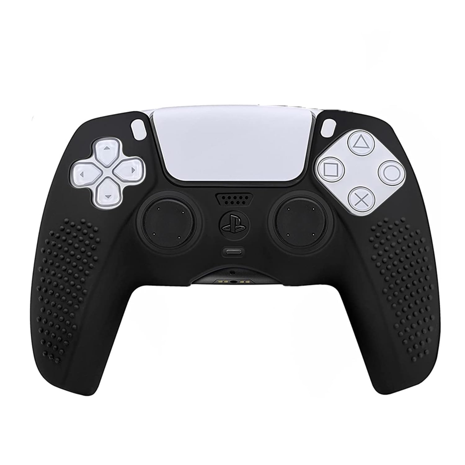 MMOBIEL Cubierta de Piel Antideslizante de Caucho de Silicona con 5 agarres de Pulgar de Diferentes tamaños Compatible con el Controlador DualSense para PS5 - Negro