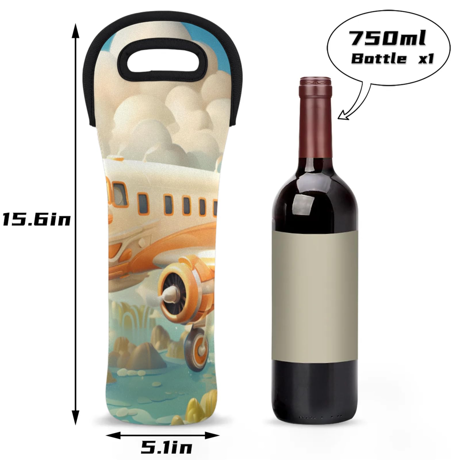 Neoprene Wine Tote Carrier Bag for Wine,Water, Champagne, Beer, Baby Bottles 15.6 x 5.1 Inches, Protective Wine Bag,Cartoon Plane