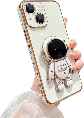 Miniatura 7 de Omio - Funda compatible con iPhone 15 con soporte oculto de astronauta, funda de lujo chapado en corazón con borde lateral, pequeño patrón de amor