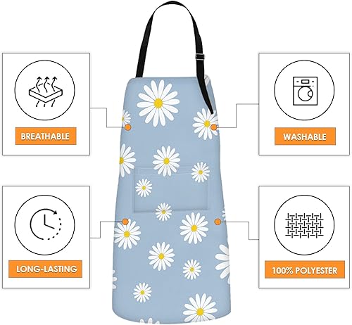 Miniatura 3 de Britimes Delantal de cocina para el hogar, cocina, horneado, jardinería, para mujeres y hombres, con bolsillos, margaritas azules, cielo, 32 x 28