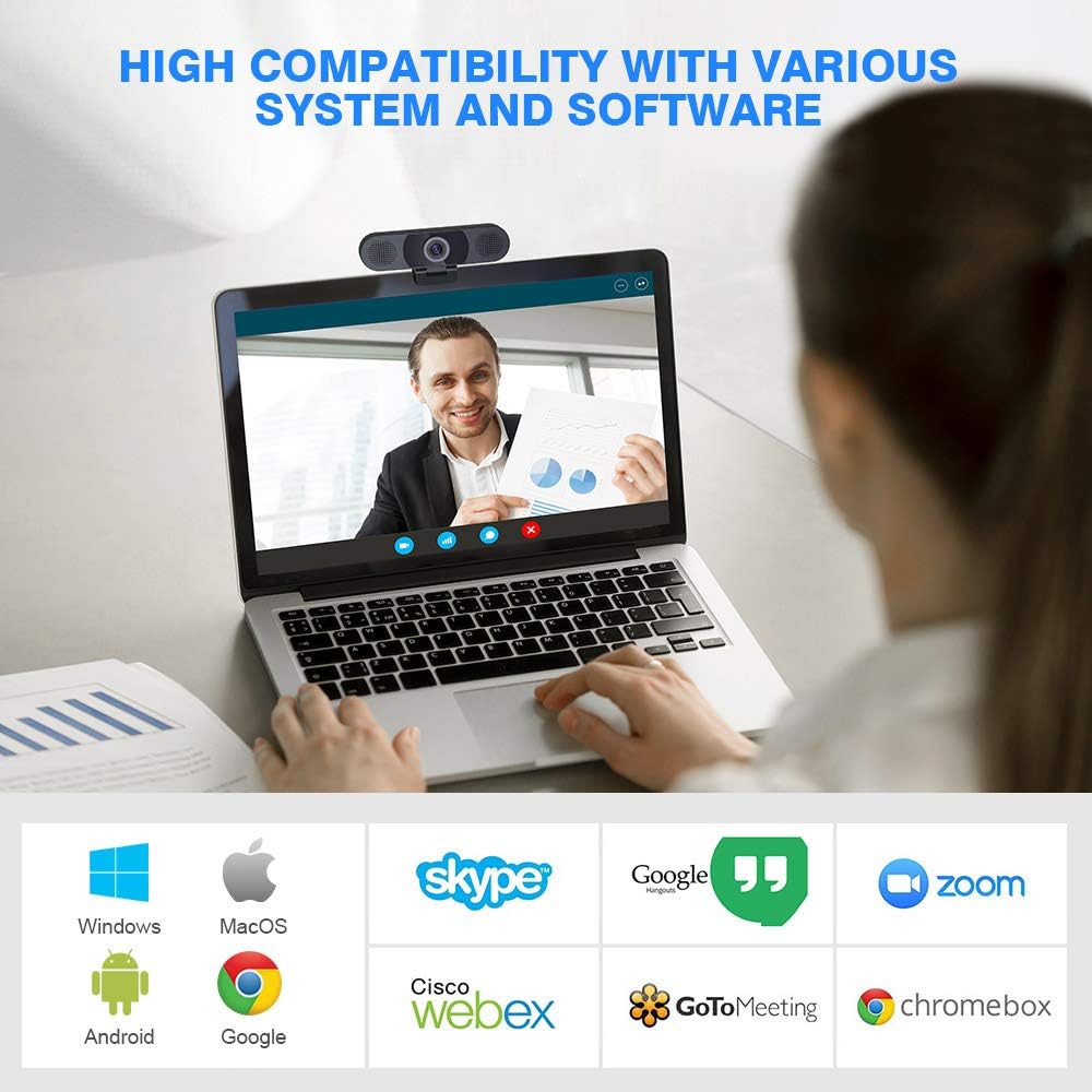 Webcam – eMeet C980 Desktop Camera Full HD 1080p PC Camera for Video Calling, Conferencing, Recording, Streaming, 4 Built-in Omnidirectional Microphones, Noise Reduction, Plug and Play w/Webcam Cover