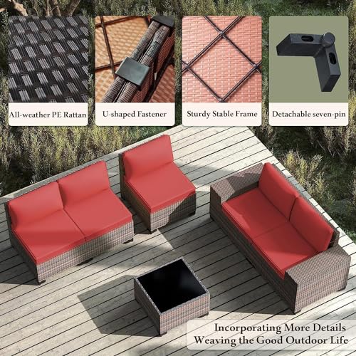 Image of 6 PCS Outdoor Patio Furniture Set,Outdoor Sectional Furniture All Weather PE Rattan Wicker Patio Conversation Set with Coffee Table and 5 Thickened Cushions,Red