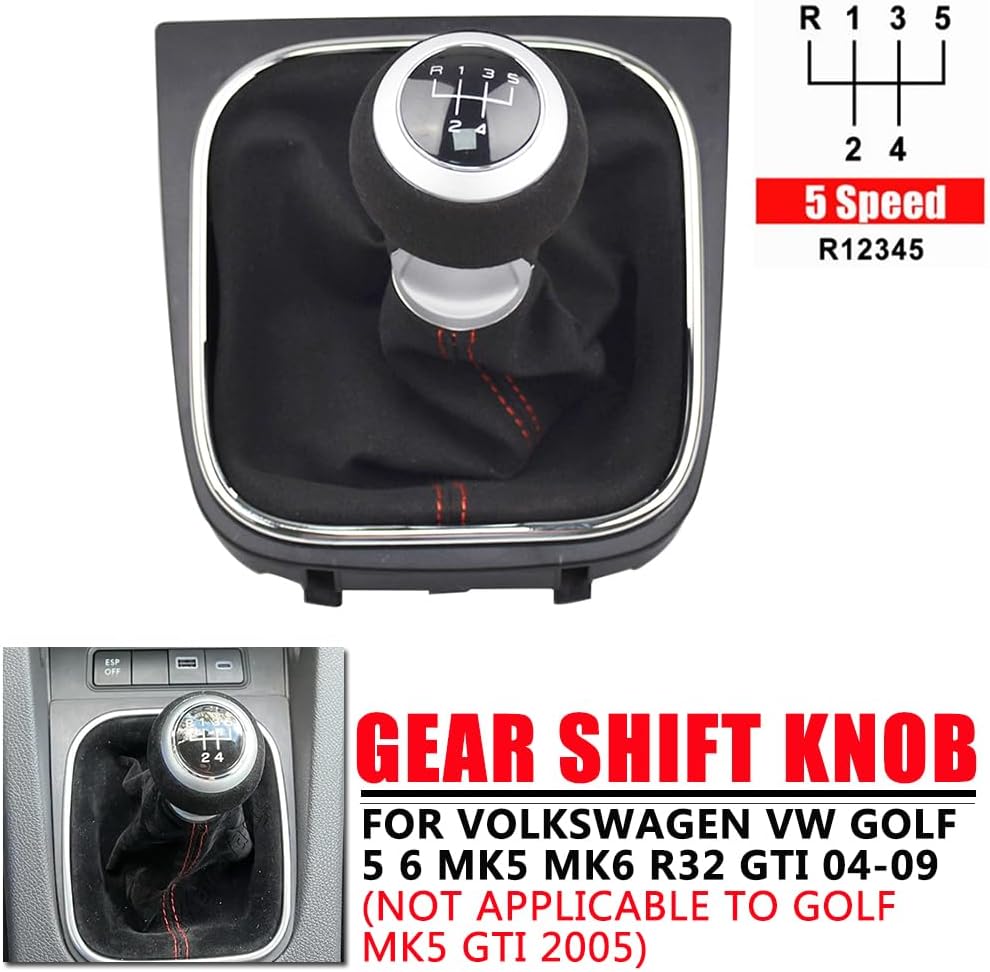Malcayang 5 Speed Black Car Gear Shift Knob for Golf 5 6 MK5 MK6 R32 GTI 2004-2009, Gear Lever Shift Knob with Warm Suede Leather Boot Cover
