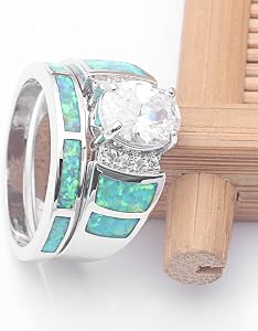 UFOROO Opal Ring Set For Women - Platinum Plated Stacking Rings With Green & White Stones (Set Of 7) - View #4