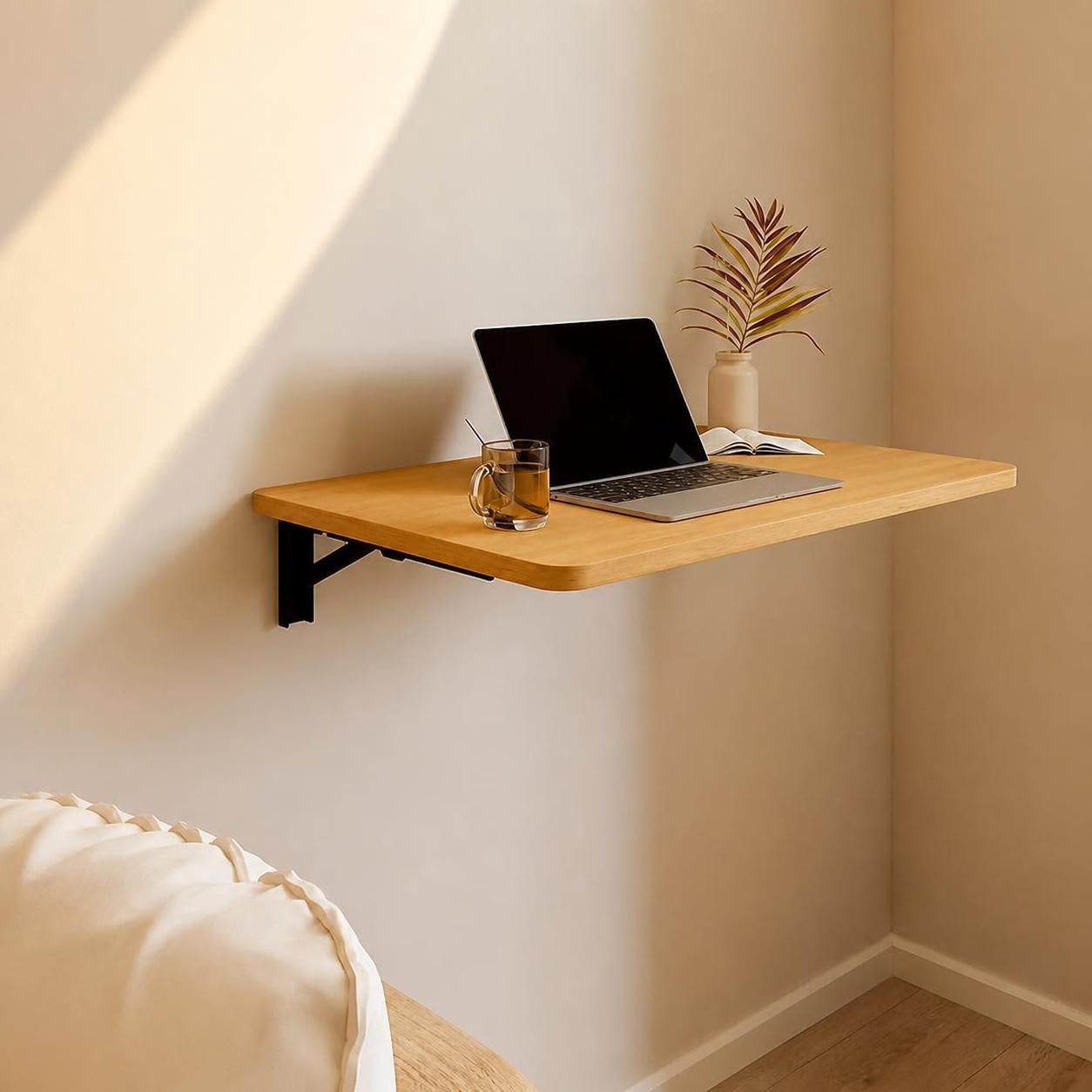 Bureau Mural Rabattable pour Petits espaces, Table Murale escamotable pour étude, Bureau à Domicile, Chevet, Balcon ou Repas Contre Un Mur (Couleur Bois, L 33cm, l 22cm)