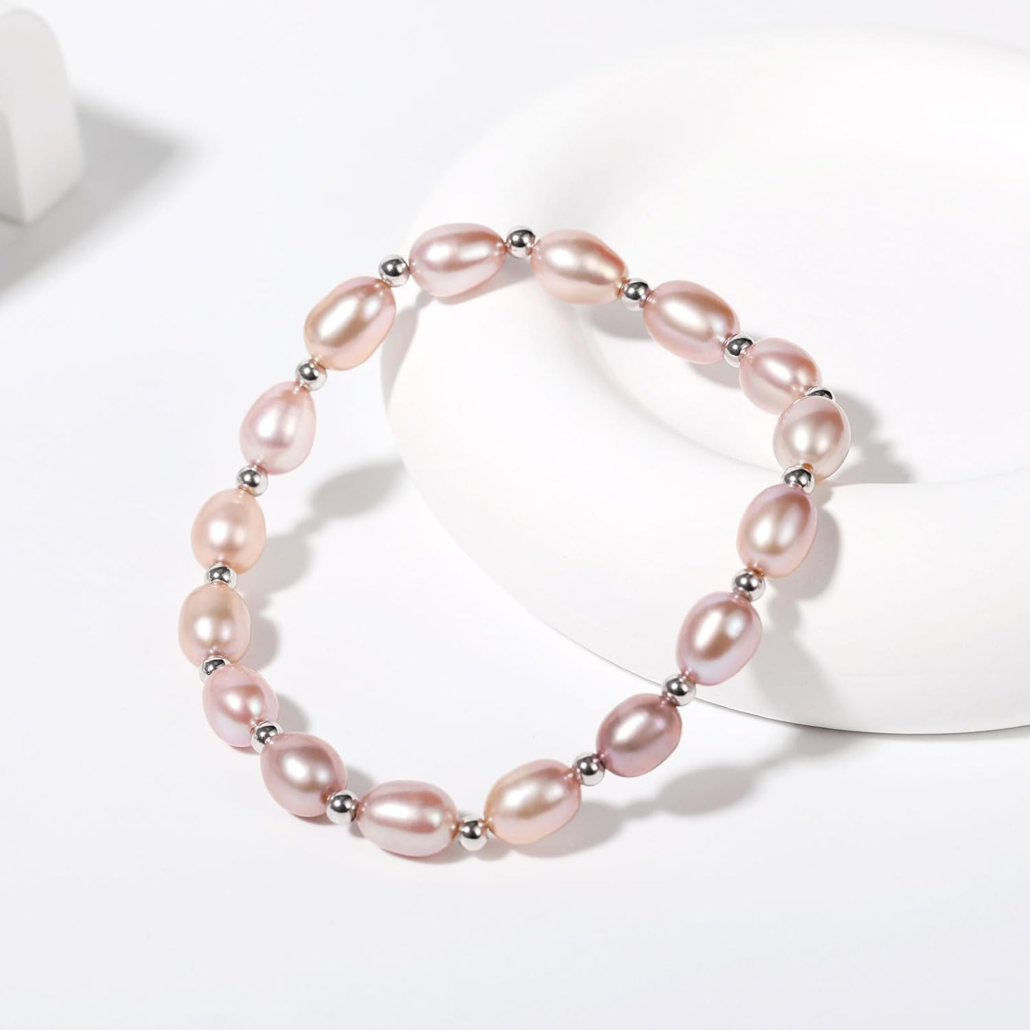 Real Pearl Bracelets for Women, S925 Sterling Silver Spacer Beadeds Stretch Bracelet, 8-9MM Freshwater/Saltwater Cultured Pearls Jewelry Gifts for Wife Mother, Adjustable Fit of 7-8Inch - Image 2