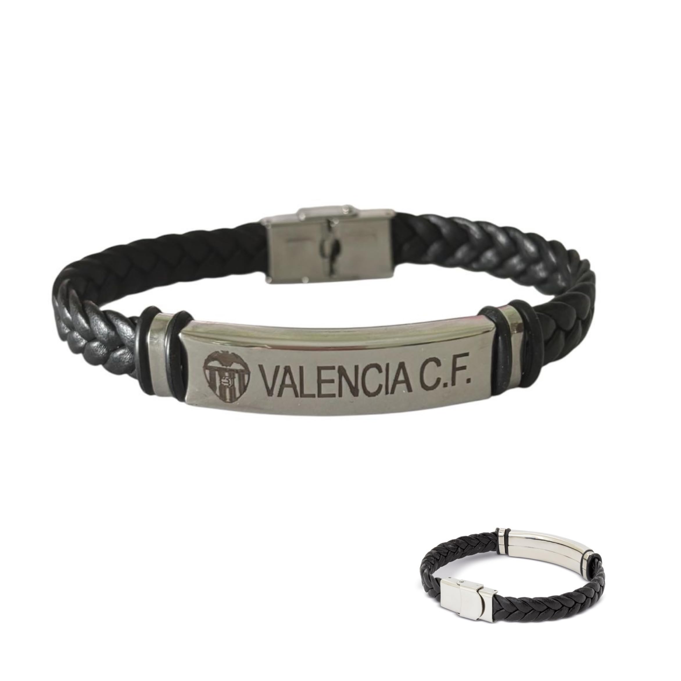 Genérico Pulsera ajustable en acero y cuero - Escudo VALENCIA C.F. - Presentada en caja para regalo - Regalo para hombre o mujer