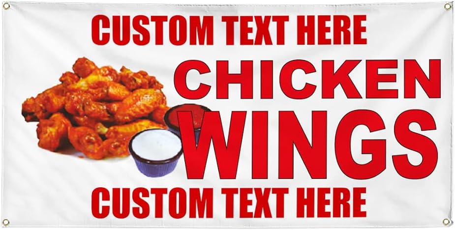 Custom Vinyl Banner Multiple Sizes Chicken Wings Red Food Bar Restaurant Food Truck Bistros & Caf S Outdoor Weatherproof Industrial Yard Signs 4 Grommets Personalized Text Here 24x36Inches