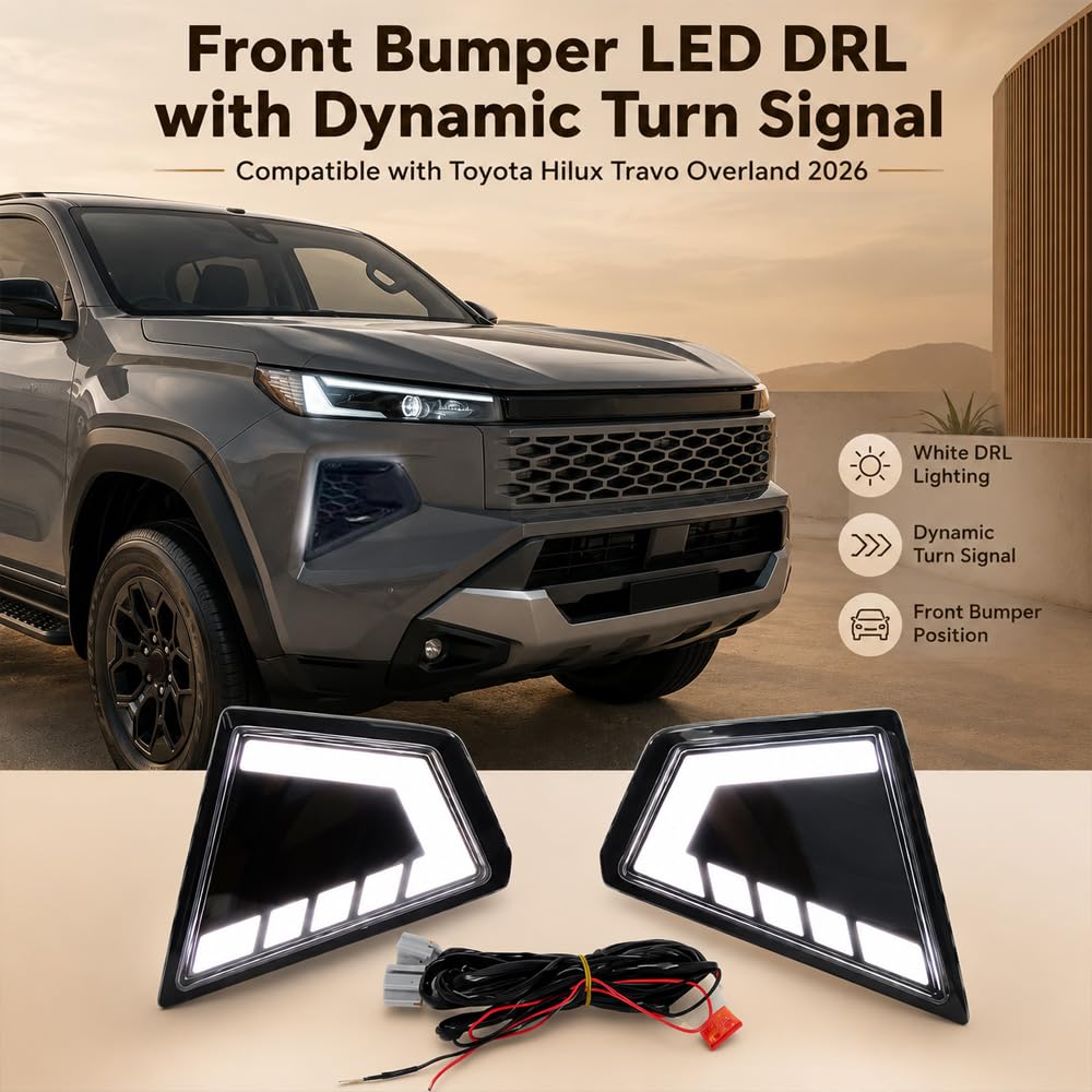 Riloer DRL Luz diurna LED parachoques escaneo dinámico 1 juego modelo A | Compatible con Toyota Hilux Travo Overland 2026, luz LED DRL, doble color blanco/ámbar