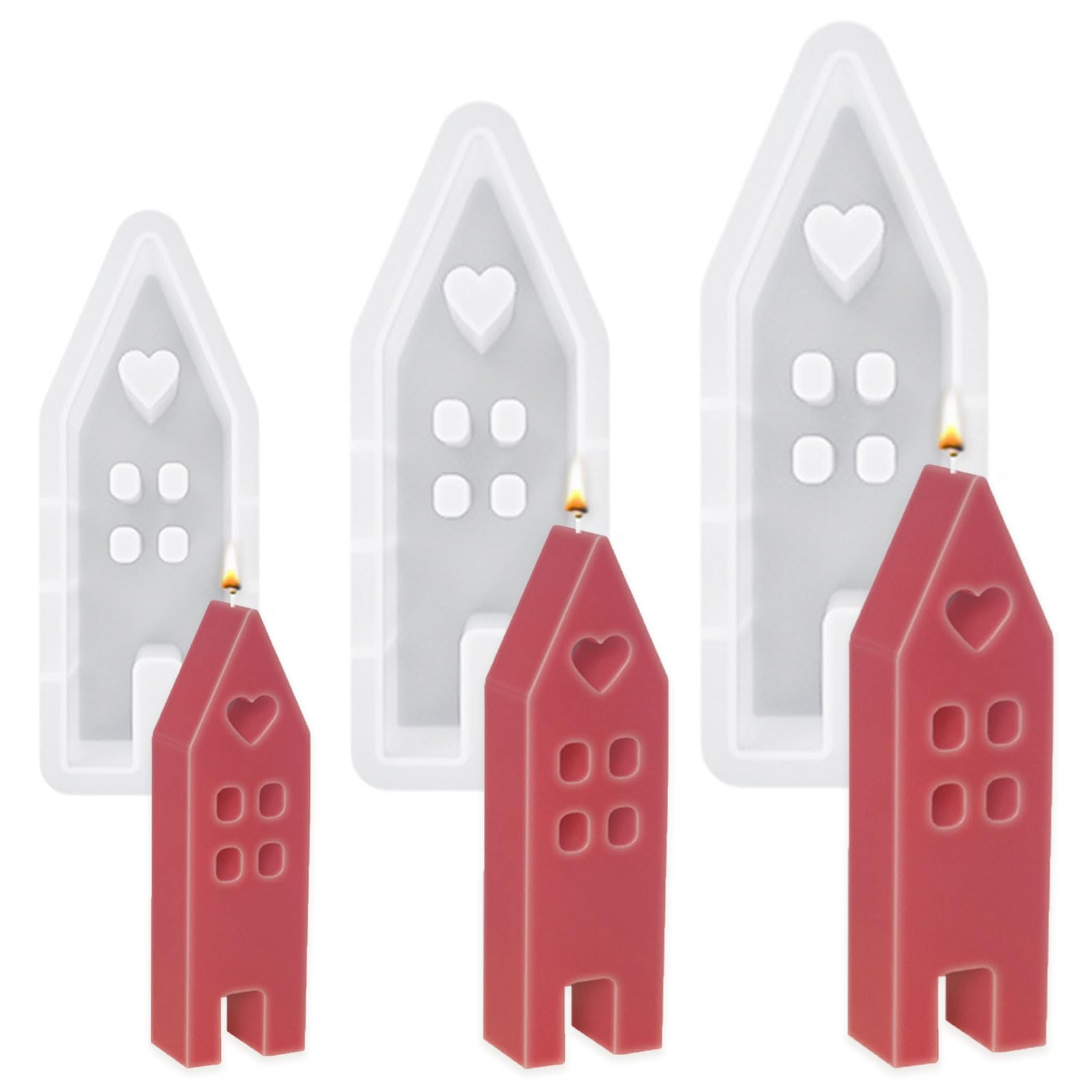 XQMMGOPack of 3 Silicone Moulds Casting Moulds with Epoxy Resin Houses, for Scented Candles, Cakes, Soaps