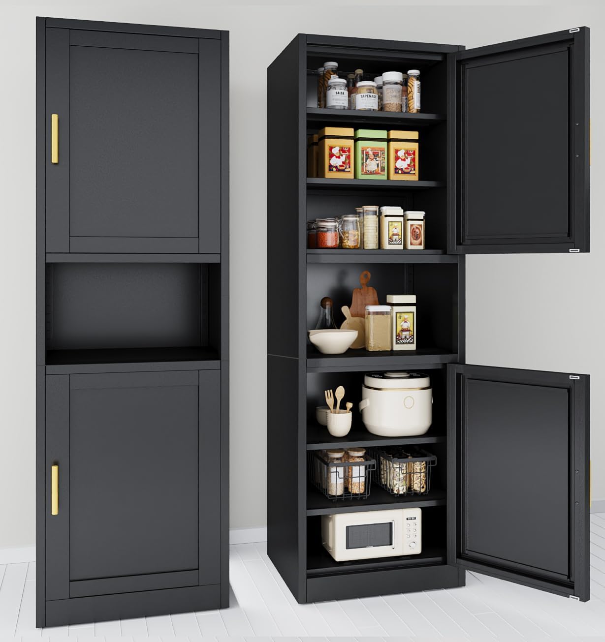 67" H Metal Tall Narrow Storage Cabinet, Freestanding Floor Cabinet with 2 Doors and Adjustable Shelves, Pantry Storage Cabinet for Bathroom, Living Room, Entryway and Kitchen (Black)