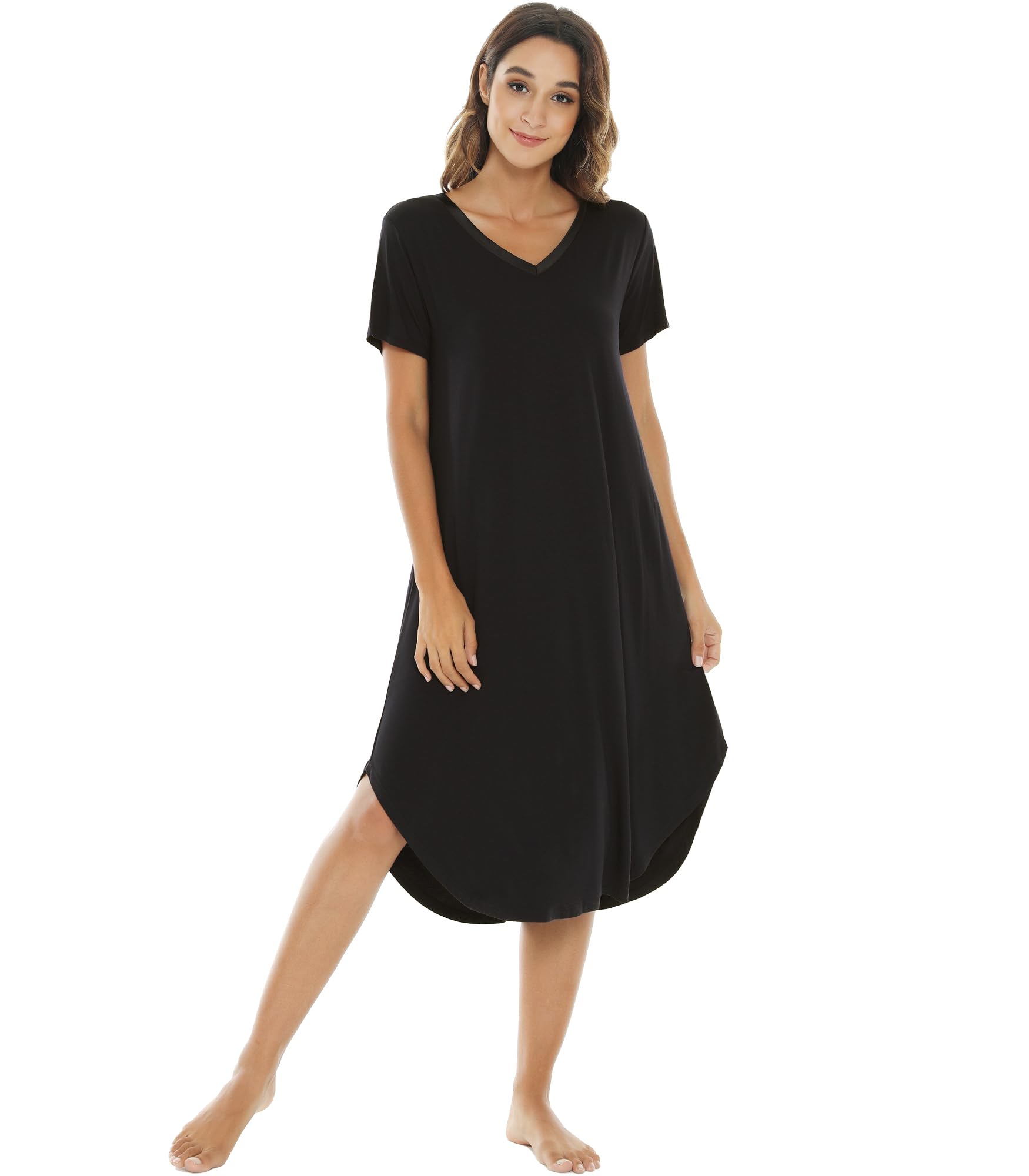 NACHILA Bamboo Viscose Nightgowns for Women Cooling Short Sleeve Sleepshirt | Soft V Neck Night Gowns, Moisture-Wicking Sleepwear for Hot Flashes &amp; Night Sweats, Ladies Nightshirts for Sleep, Home, Gift